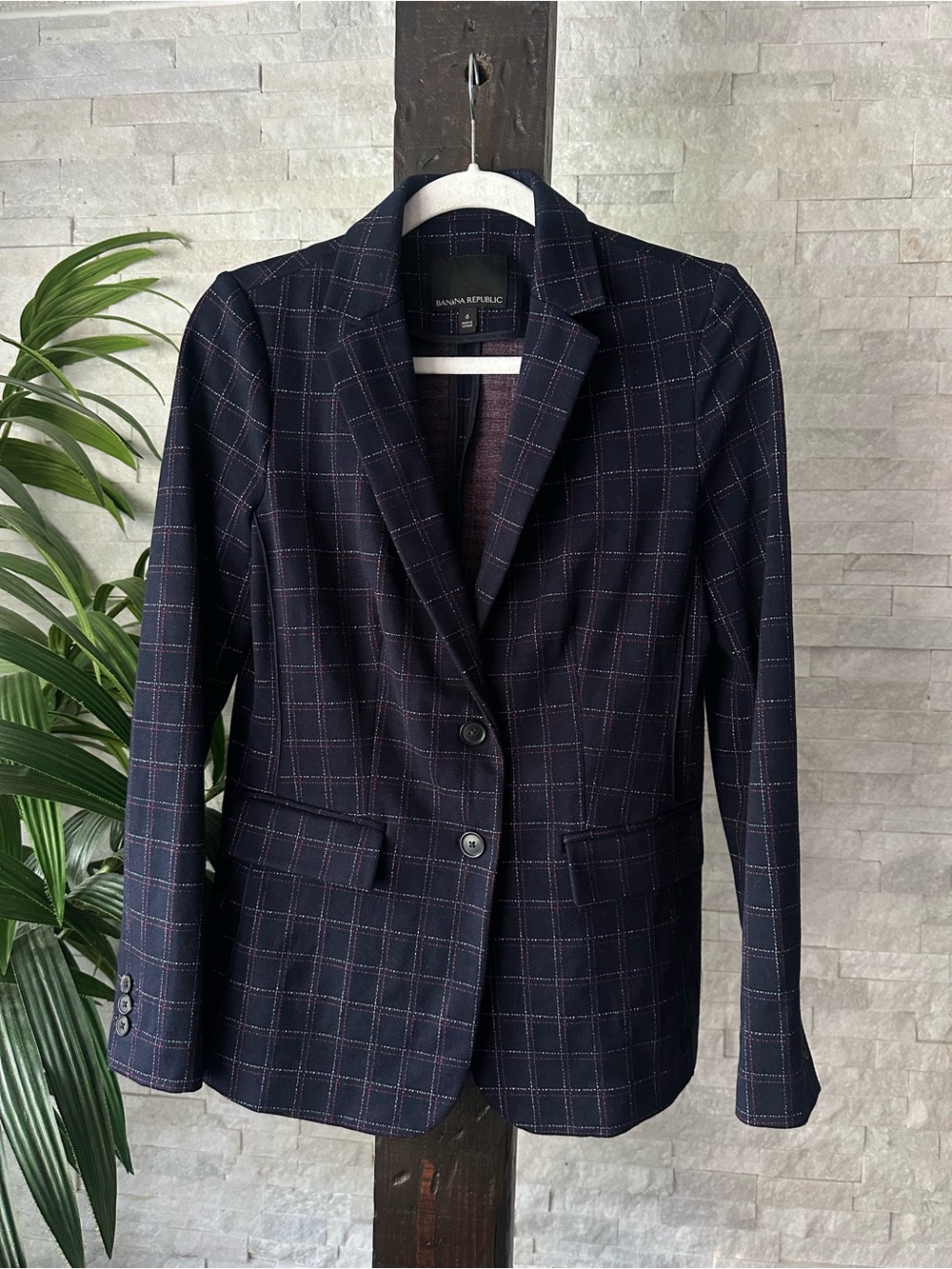 Banana Republic Navy Plaid Windowpane Unstructured Knit Blazer Size 6